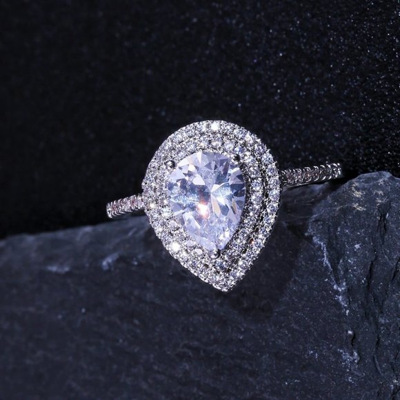 Pear Shaped Engagement Ring, CZ Bling Wedding Ring, Double Halo Promise Ring - Picture 1 of 5